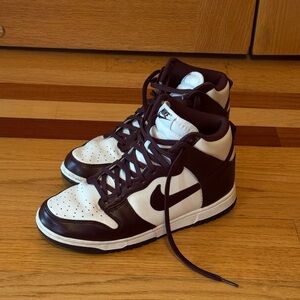 Nike Dunks Women's Burgundy and White High-Top Sneakers